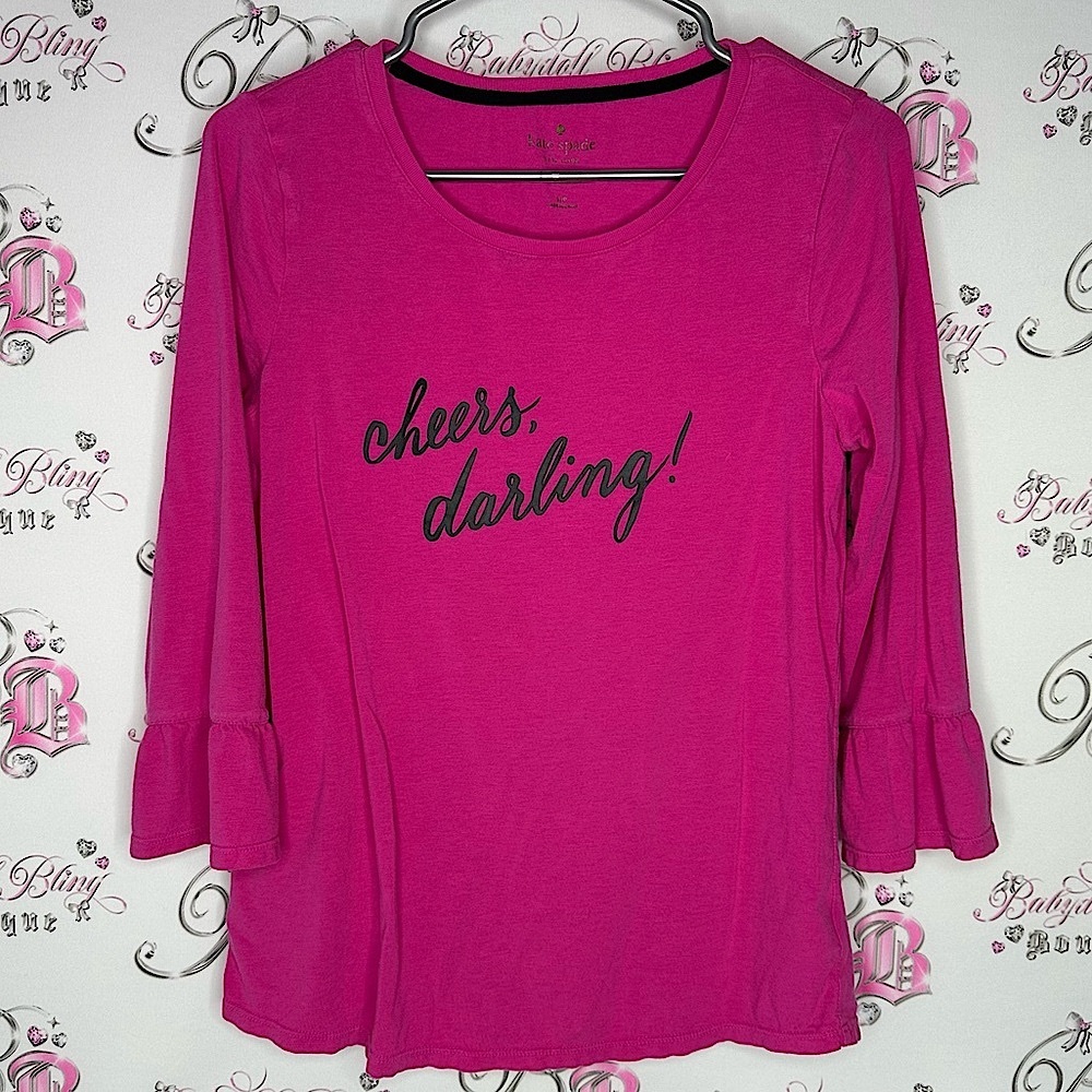 Kate spade cheers darling top ruffle frill sleeve cuff black pink soft stretchy - Picture 1 of 6